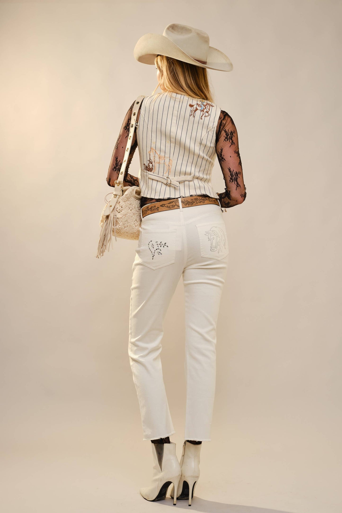 Pinstripe Embroidered Denim Vest