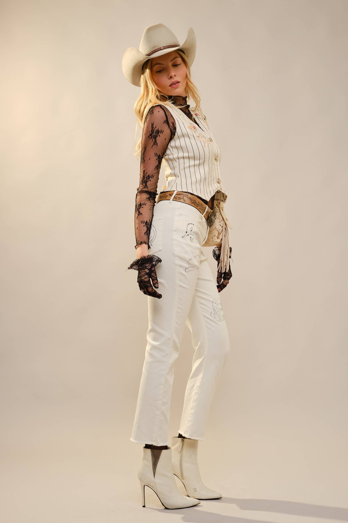 Pinstripe Embroidered Denim Vest
