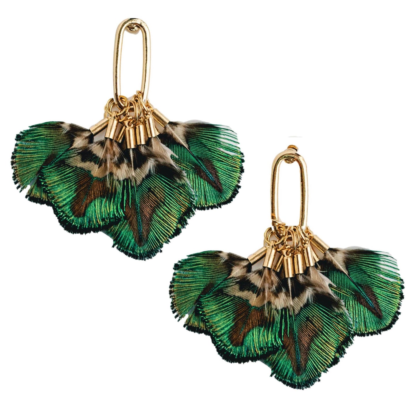 St Armands Designs of Sarasota mallard feather tassel earrings featuring gold hooks and natural feather detailing.