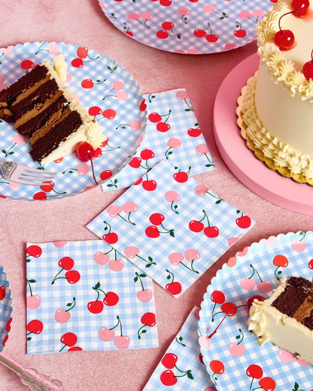 Cherry Napkins - 25 paper napkins, Gingham, Picnic, Party Birthday