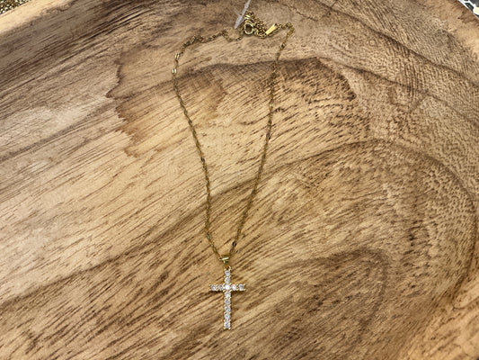 Shimmering sparkle cross necklace by CHANSUTTPEARLS featuring a silver-tone chain with a sparkling cross pendant.