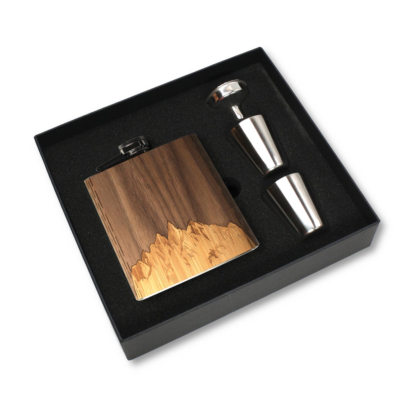 WUDN Handcrafted 6 oz. wooden hip flask with aromatic cedar finish, includes gift box, shot glasses, and funnel.