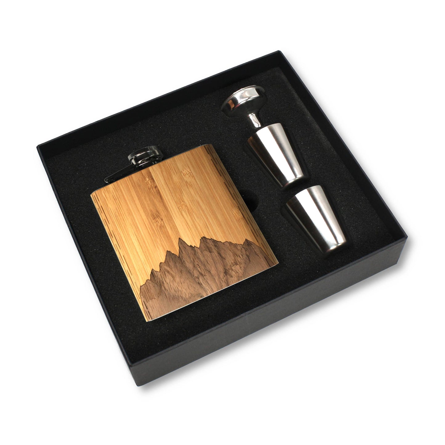 WUDN Handcrafted 6 oz. wooden hip flask with aromatic cedar, gift box, shot glasses, and funnel for elegant outdoor use