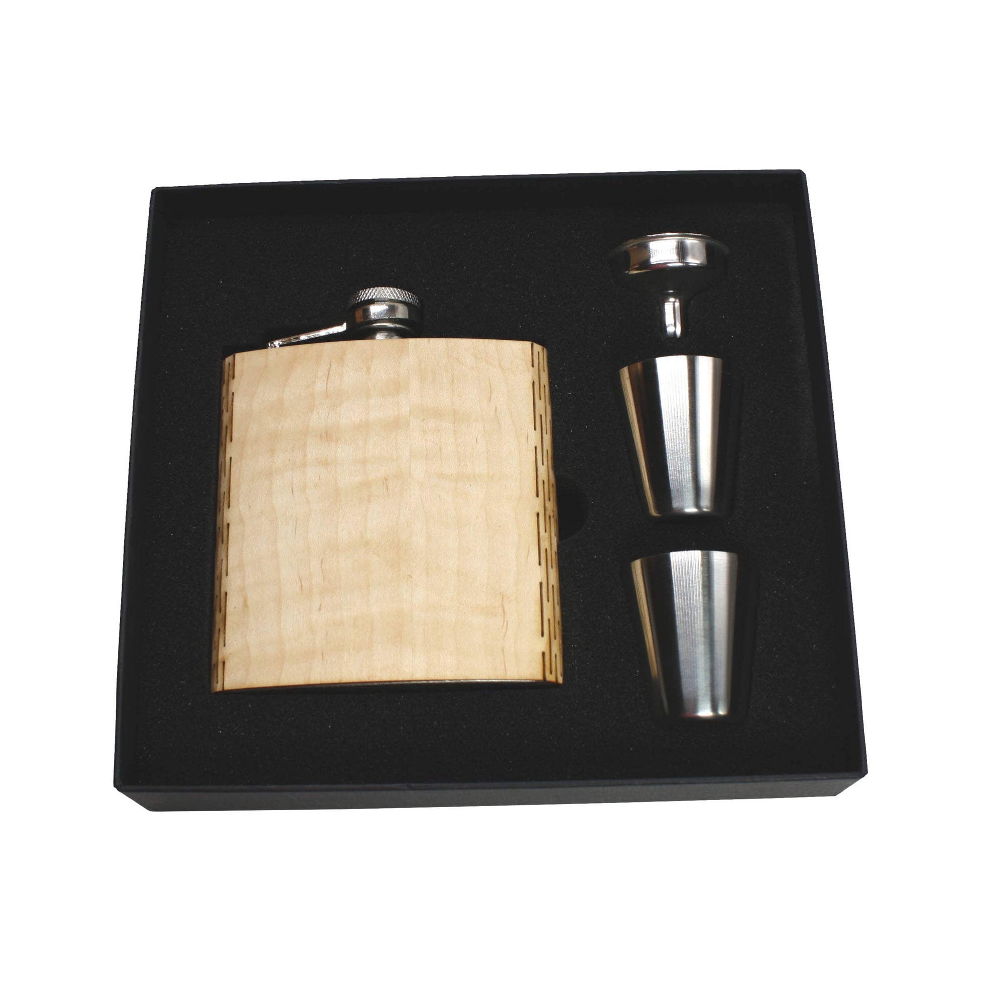 WUDN Handcrafted 6 oz wooden hip flask with aromatic cedar finish, gift box, shot glasses, and funnel for elegant presentation.