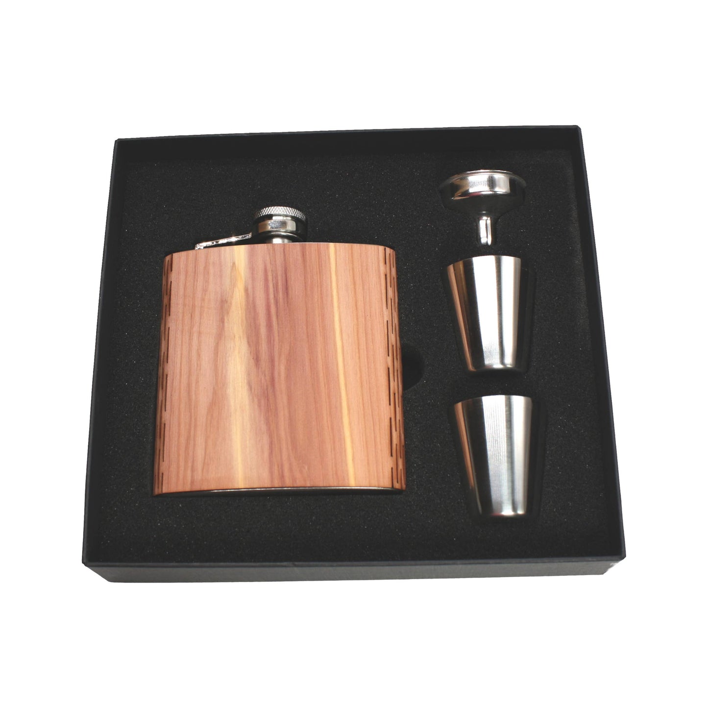 WUDN Handcrafted 6 oz. wooden hip flask set with aromatic cedar finish, gift box, shot glasses, and funnel.
