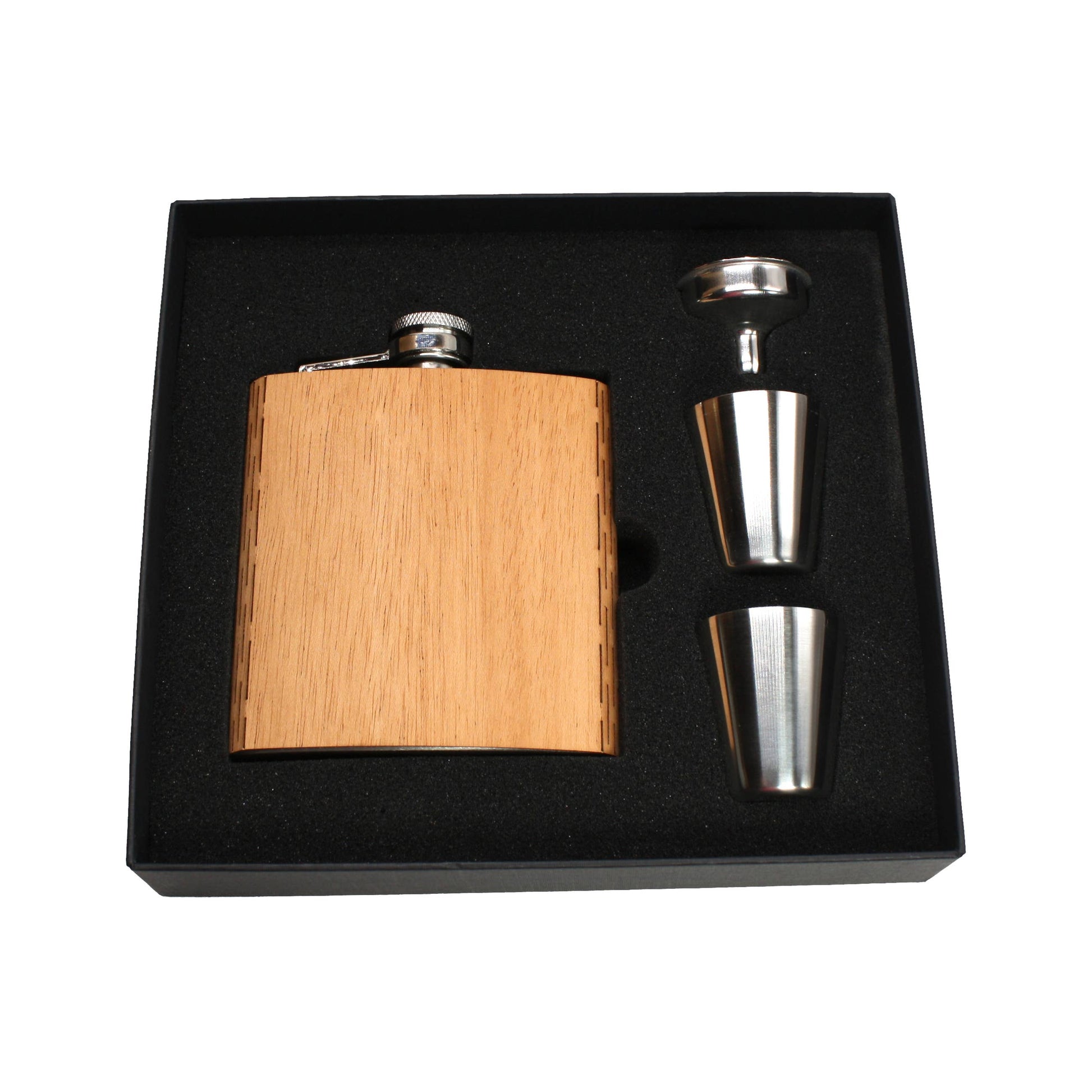 WUDN Handcrafted 6 oz. wooden hip flask with aromatic cedar, gift box, shotglasses, and funnel for stylish, portable beverage storage.