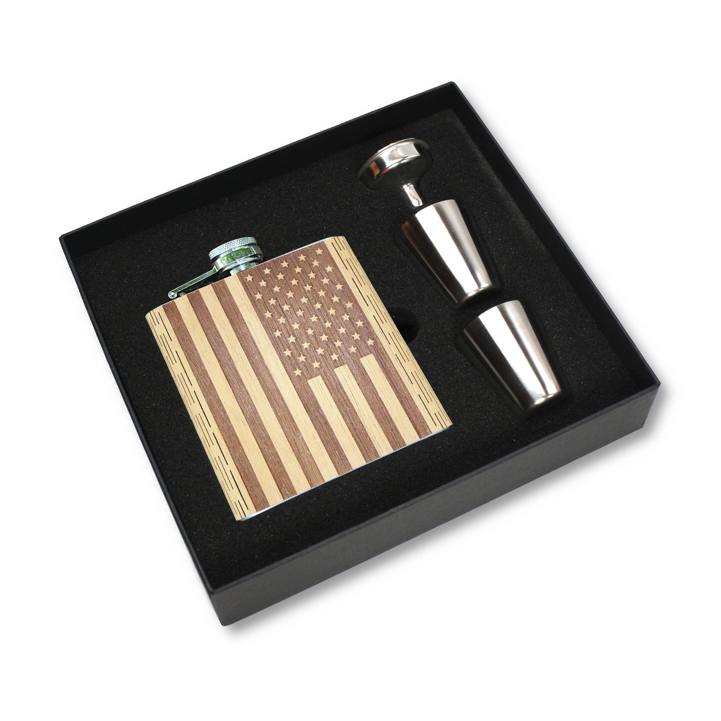 WUDN Handcrafted 6 oz. wooden hip flask with aromatic cedar finish, includes gift box, shot glasses, and funnel.