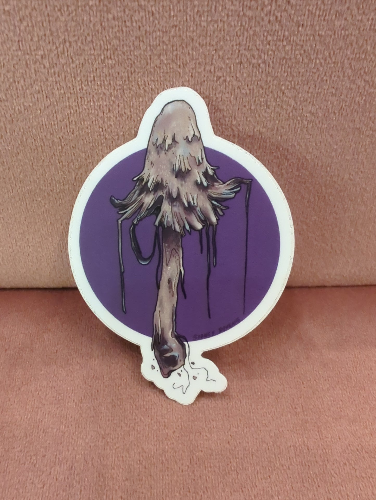 Inky Cap Shaggy Mane sticker by Sydney Boveng featuring a detailed illustration of the mushroom with white and tan colors.