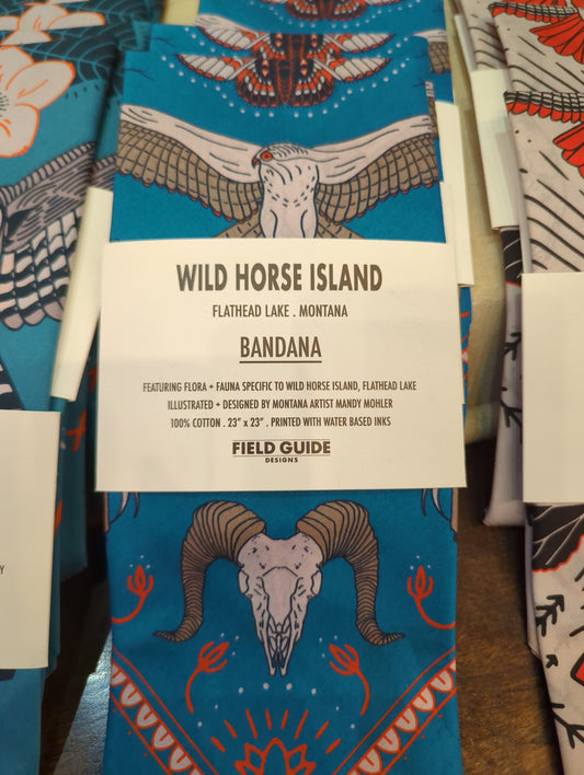 Colorful Wild Horse Island bandana by Field Guide Designs featuring scenic Flathead Lake landscape and intricate horse patterns.