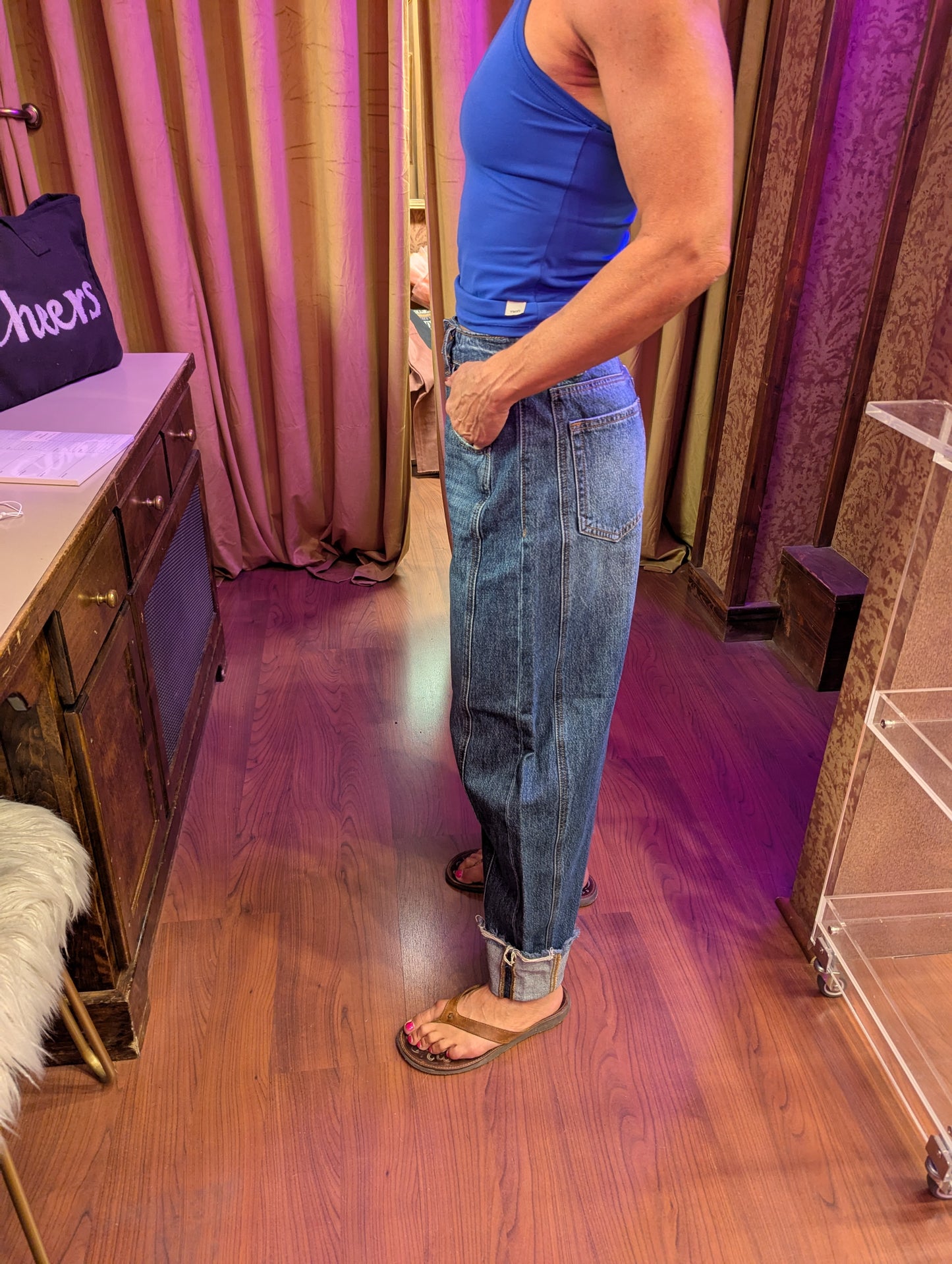 Cello barrel cuff jeans, classic denim pants with rolled cuffs, featuring a fitted waist and straight-leg style.