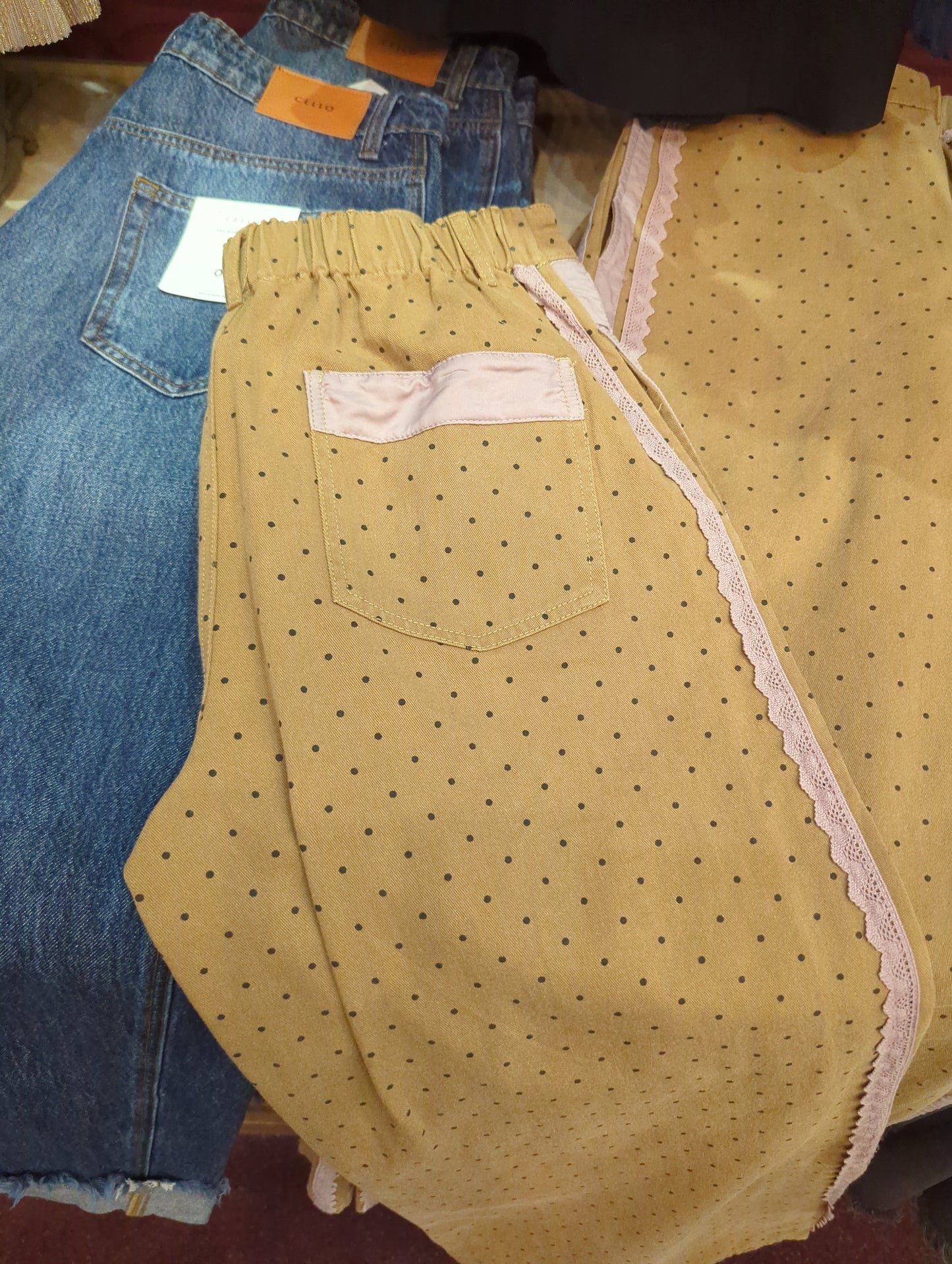 Oddi Polka Dots and Lace Jeans showing fitted denim with polka dot and lace detailing at the hem, stylish and trendy casual wear