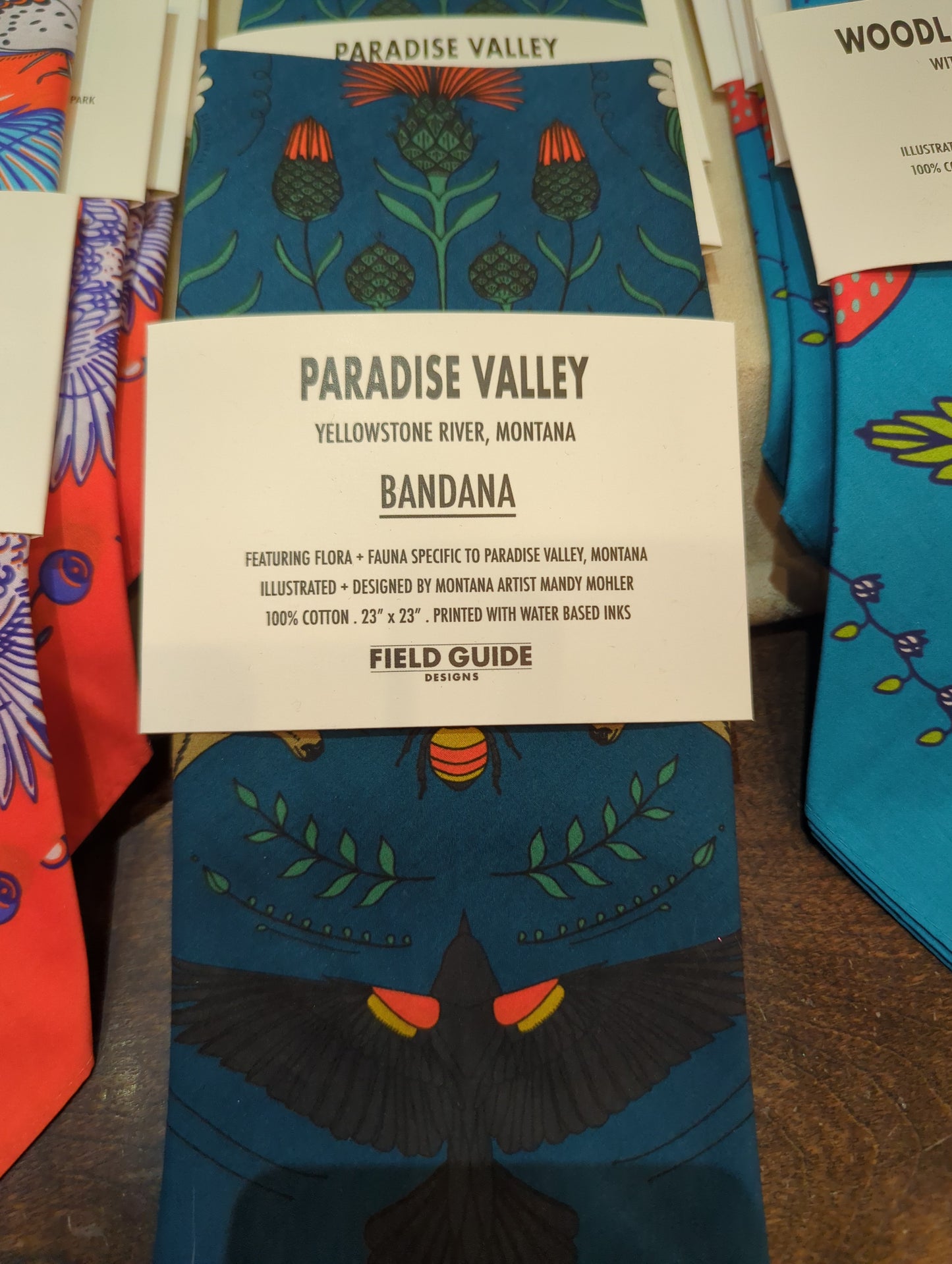 Colorful Field Guide Designs Paradise Valley MT bandana with mountain and nature print, made of soft fabric for versatile wear.