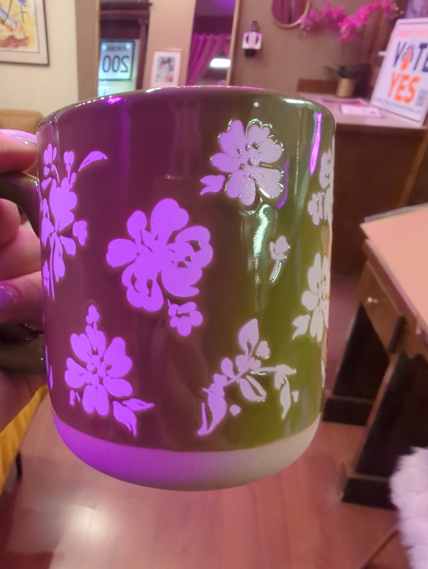 Floral stoneware coffee mug with colorful flower pattern, durable ceramic mug from Sweet Water Decor, perfect for hot beverages.