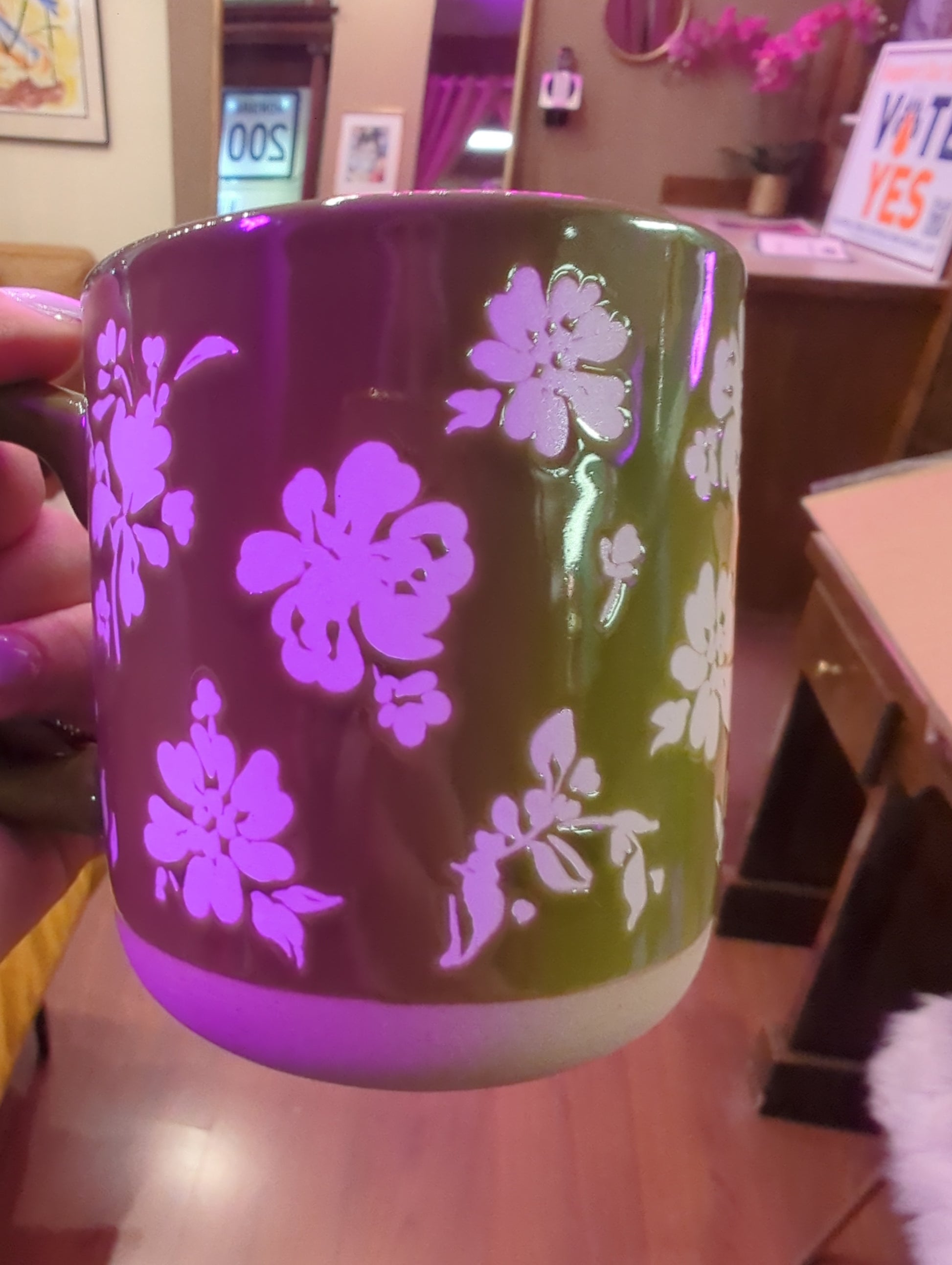 Floral stoneware coffee mug with colorful flower pattern, durable ceramic mug from Sweet Water Decor, perfect for hot beverages.