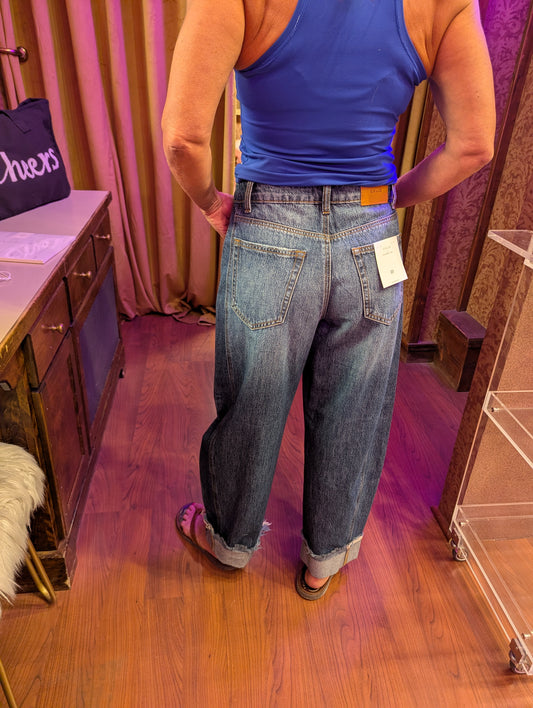Cello barrel cuff jeans showing classic denim fabric with rolled-up barrel cuffs and a relaxed fit style.
