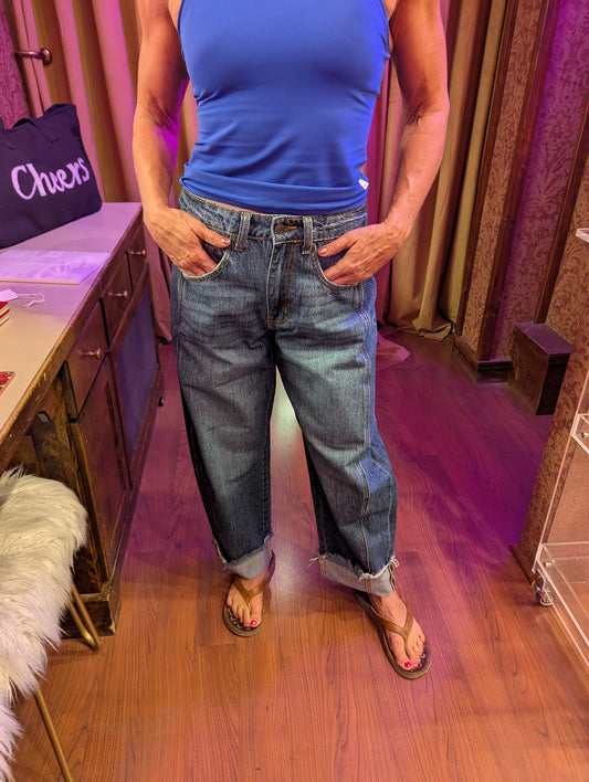 Cello barrel cuff jeans showing classic denim fabric with rolled-up cuffs and a relaxed fit style.