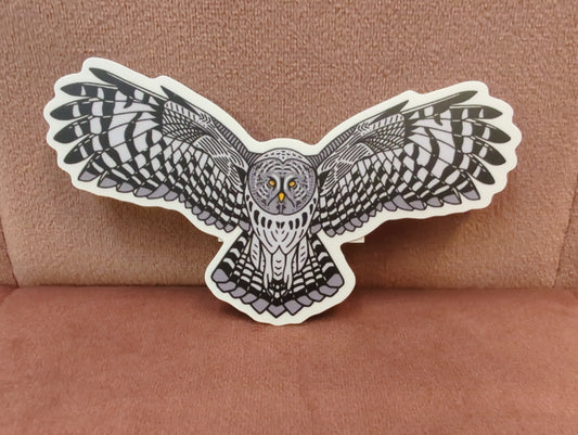 Great Gray Owl sticker by Field Guide Designs featuring detailed illustration of a majestic gray owl on a transparent background.