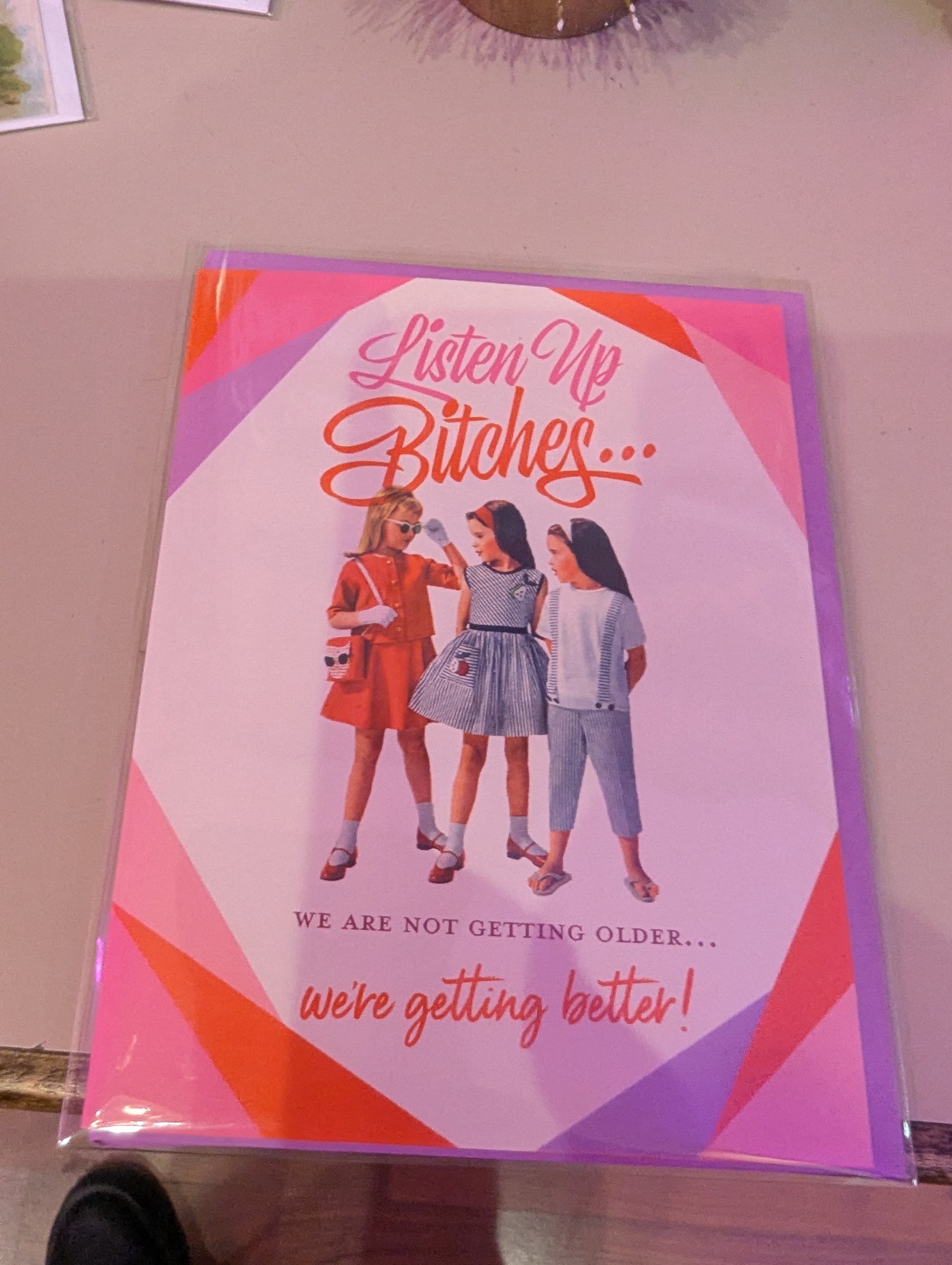 Set of offensive humor cards from OffensiveDelightful titled "Listen Up Bitches," featuring bold, humorous messages on colorful card stock.